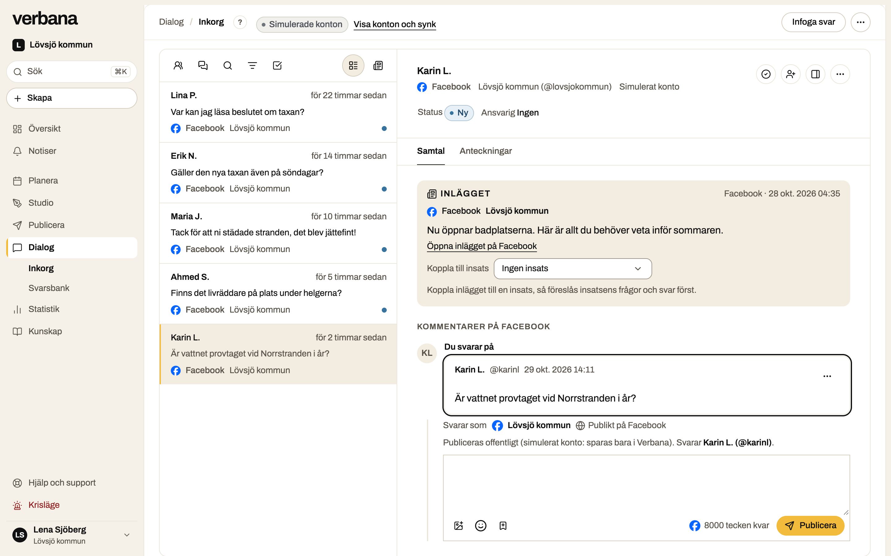 Dialog med fem invånarkommentarer från Lövsjö kommuns Facebooksida, och en fråga om vattenprover öppen för svar.